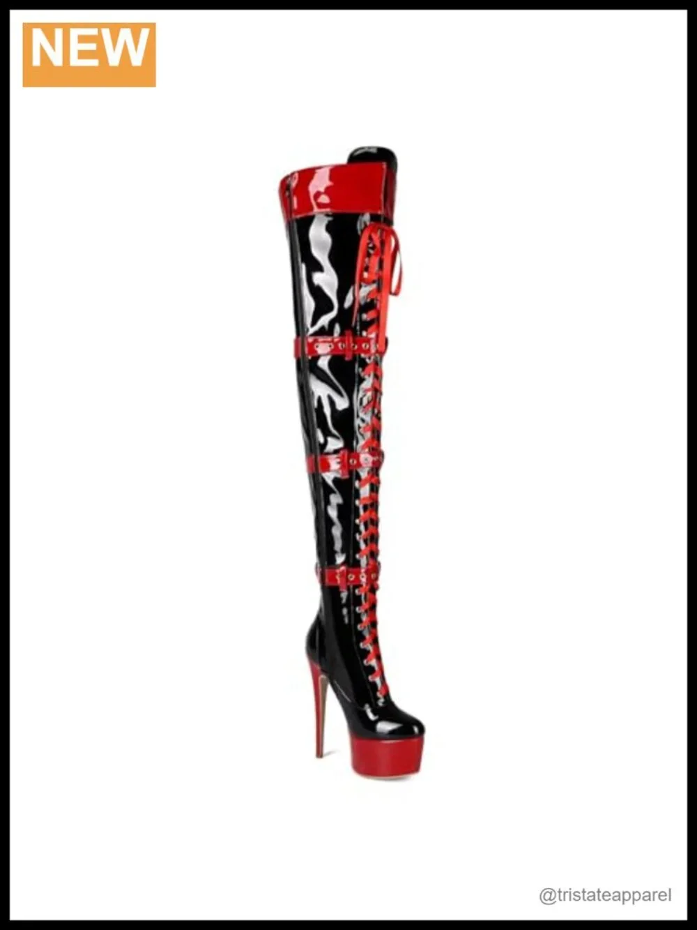 Over the Knee Stiletto Platform Boots with Patent Leather Adjustable Belt Zip